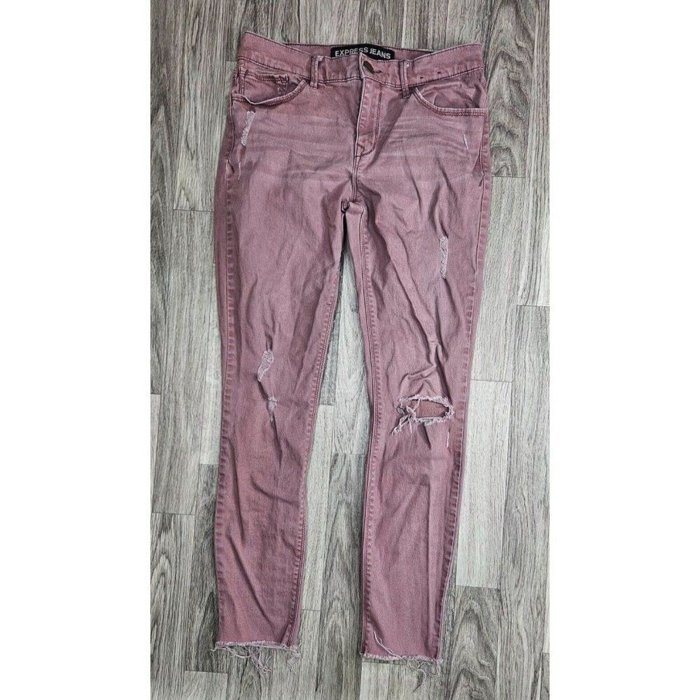 Express Womens Size 4 Distressed Ankle Mid Rise Purple Denim Jeans Leggings
